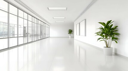 Obraz premium Bright White Minimalist Office Hallway with Potted Plants