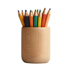 Fototapeta premium Colorful Pencils in a Natural Wooden Holder on a White Background