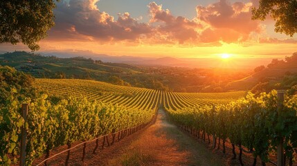 Golden sunset over rolling vineyard hills.