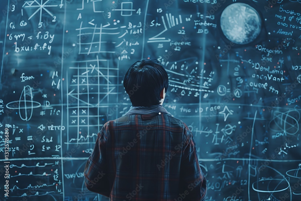 Poster a mathematician solving complex equations on a chalkboard, surrounded by abstract mathematical symbo