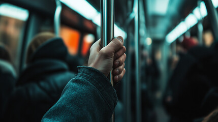 Obraz premium Close-Up of Hand Holding Subway Pole in Crowded Train Car