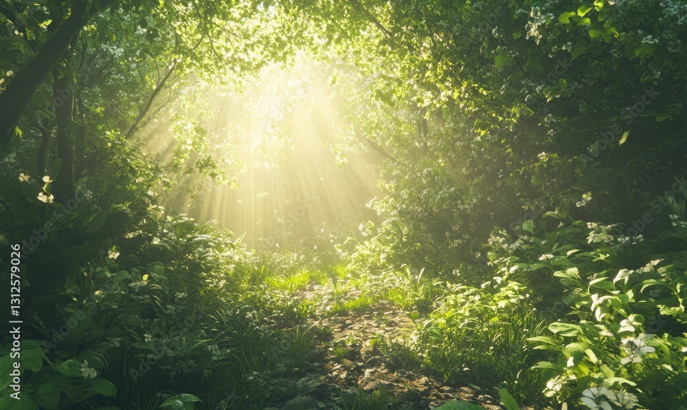 Poster dense forest illuminated by soft golden sunlight filtering through vibrant green foliage, creating a