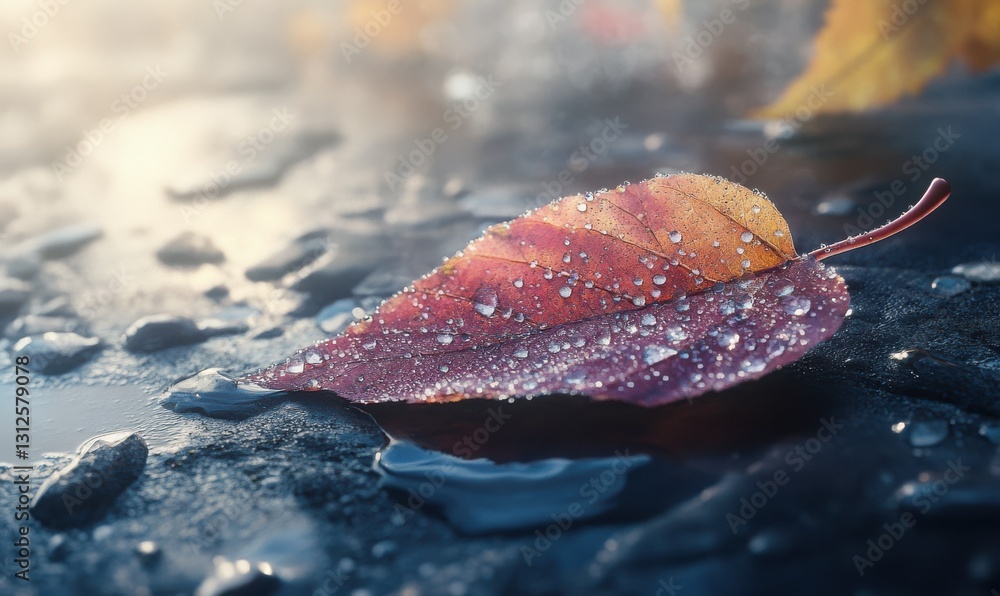 Poster dew-covered autumn leaf resting on a textured surface illuminated by soft natural light creating a s