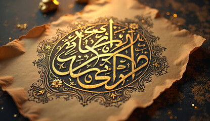 Elegant Islamic Calligraphy on Aged Paper with Golden Details