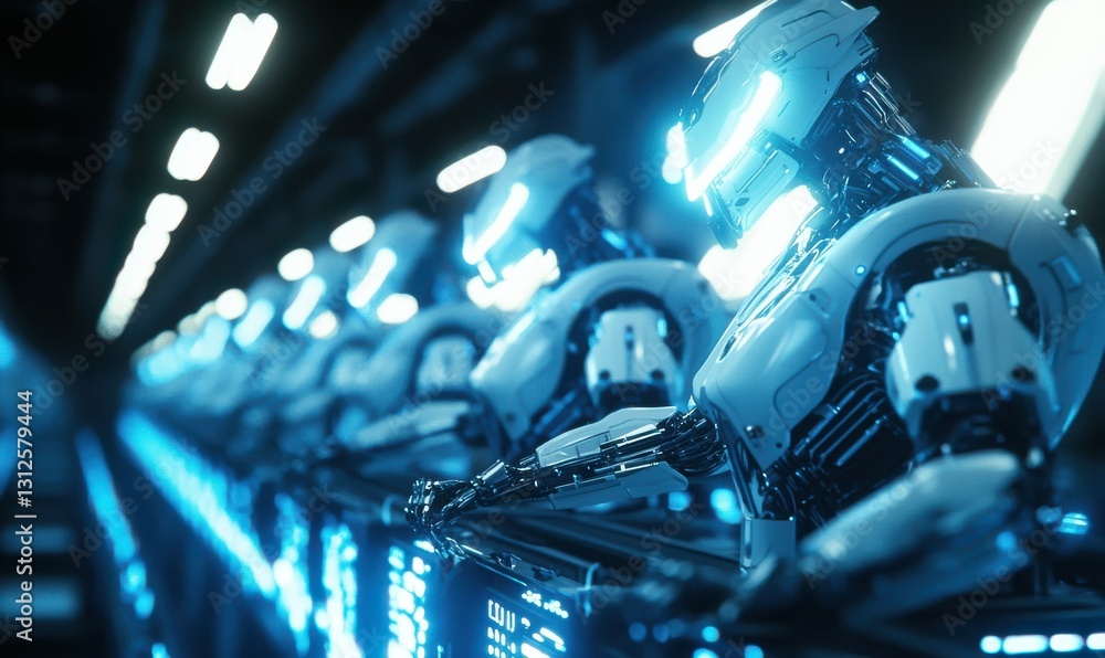 Poster dynamic close-up of robotic arms working on an assembly line, illuminated by glowing blue and white 