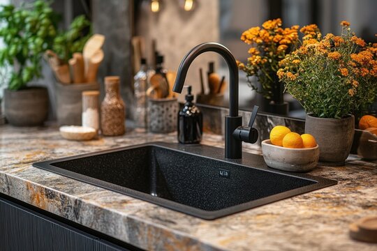 A sleek black undermount sink enhances a modern kitchen with textured countertops, surrounded by fresh flowers and kitchen accessories