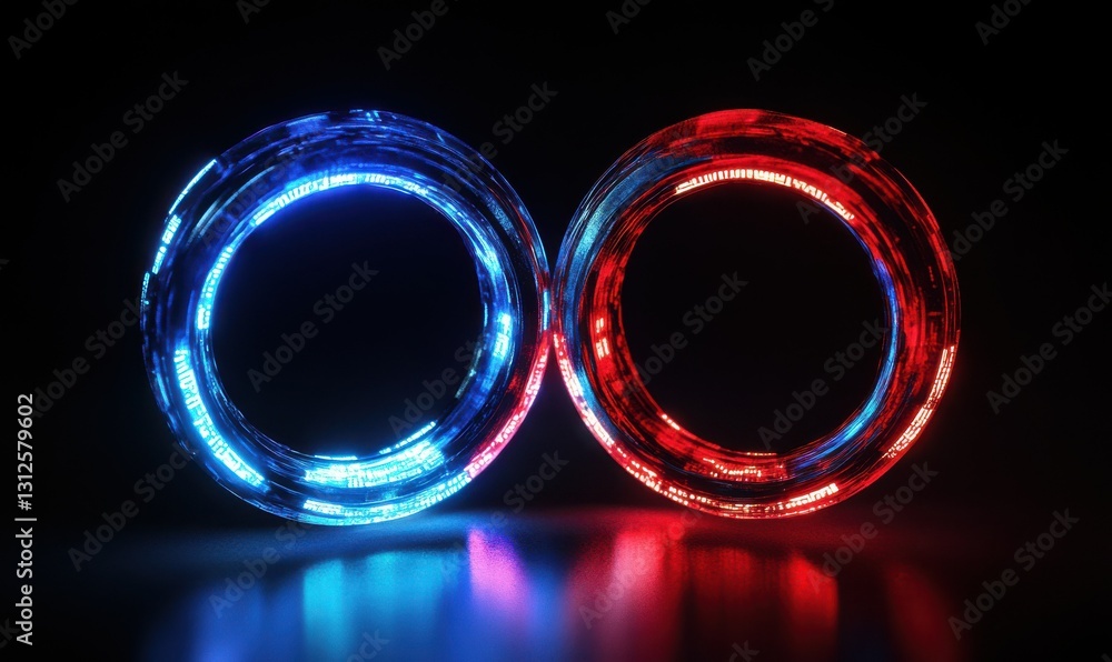 Poster dynamic glowing red and blue digital rings illuminated by gradient lighting symbolizing futuristic d