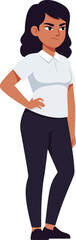 Confident woman standing with hands on hips in a stylish outfit, showcasing a flat design style, vibrant colors, and engaging expression in vector art