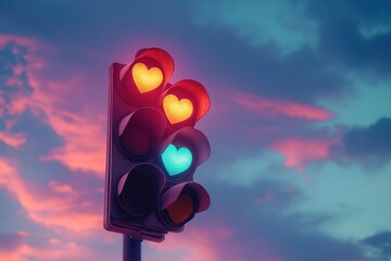 A unique traffic light displays red, yellow, and green hearts in place of traditional colors during sunset, creating a whimsical sight