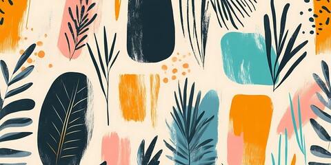 Fototapeta premium Abstract art featuring stylized foliage and brushstrokes in vibrant, warm colors against a creamy backdrop