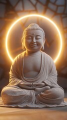 Smiling Buddha statue with a golden halo, representing peace and enlightenment. Ideal for spiritual guidance, meditation, mindfulness, and wellness promotions.