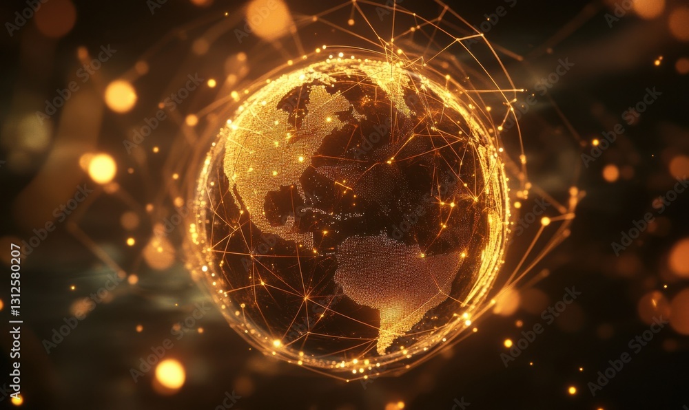 Poster elegant digital globe surrounded by glowing lines and nodes illuminated by ambient light symbolizing