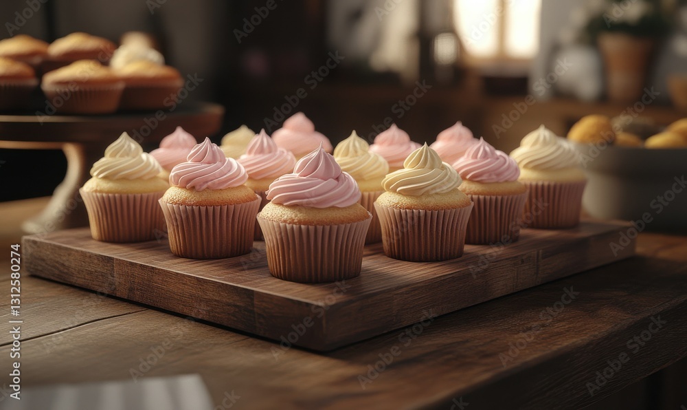 Poster elegant display of pastel-colored cupcakes topped with delicate frosting swirls, placed on a rustic 