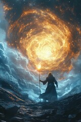 Mystical figure witnesses swirling cosmic energy.