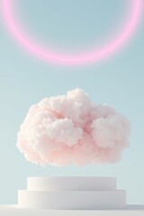 A soft, fluffy pink cloud floats above a white pedestal, illuminated by a glowing circular light backdrop. The composition creates a dreamy, surreal atmosphere with pastel hues