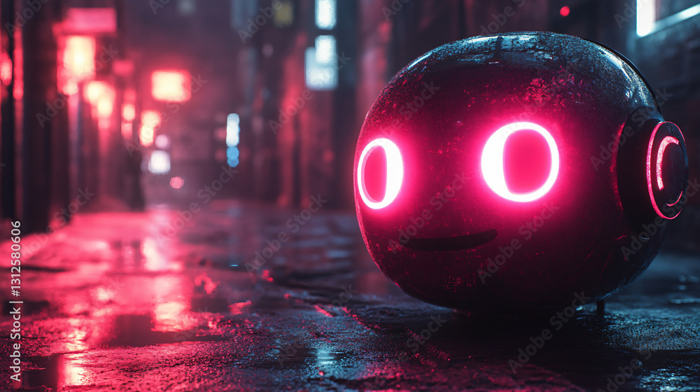 Poster vibrant red ball with expressive eyes against a futuristic neon cyberpunk background in 3d rendered 