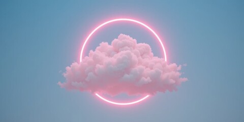 A soft pink cloud is suspended in a tranquil blue sky, encircled by a radiant circular glow. The scene evokes calm and serenity during the early evening twilight