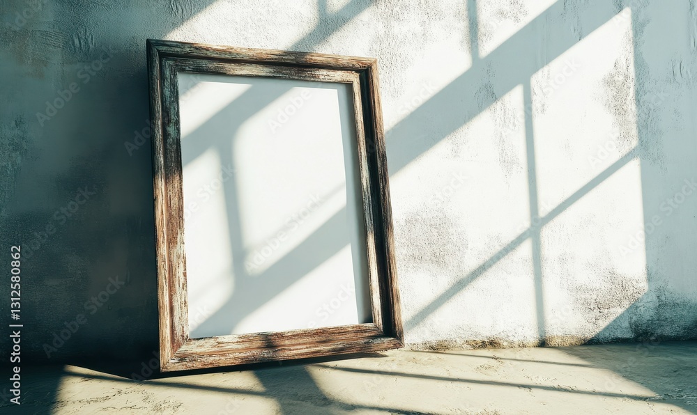 Poster empty rustic picture frame leaning against a textured white wall, with soft light creating depth and