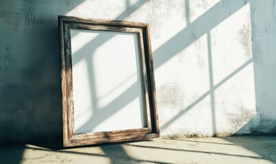 Empty rustic picture frame leaning against a textured white wall, with soft light creating depth and shadow play