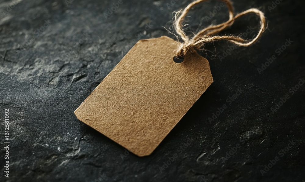 Aufkleber kraft tag tied with twine resting on a textured dark background, illuminated by warm light for a sim