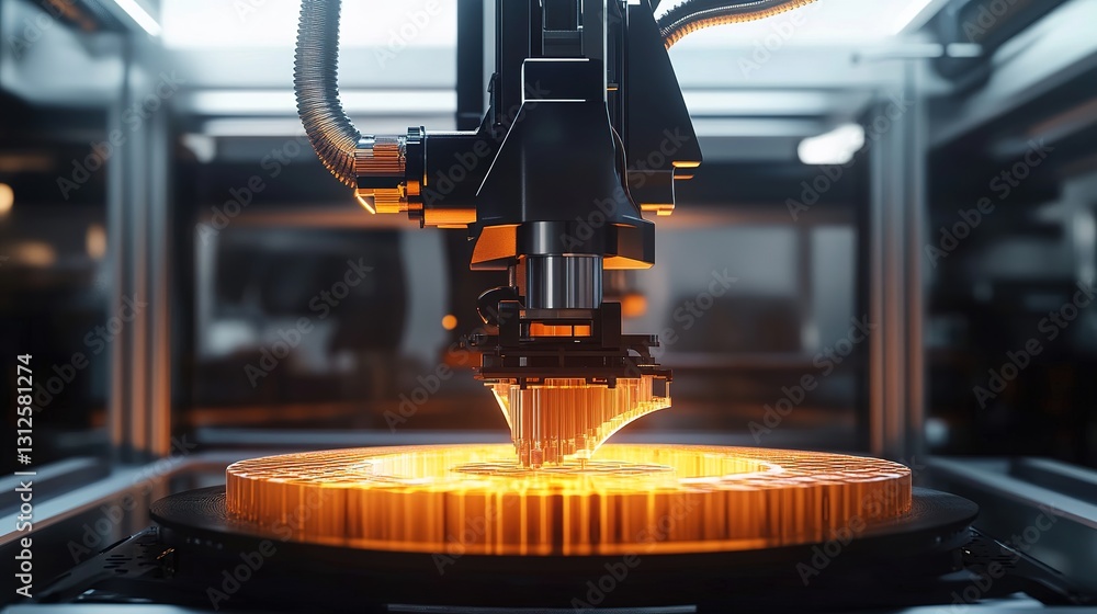 Poster a futuristic automated factory with ai-controlled 3d printers producing parts.