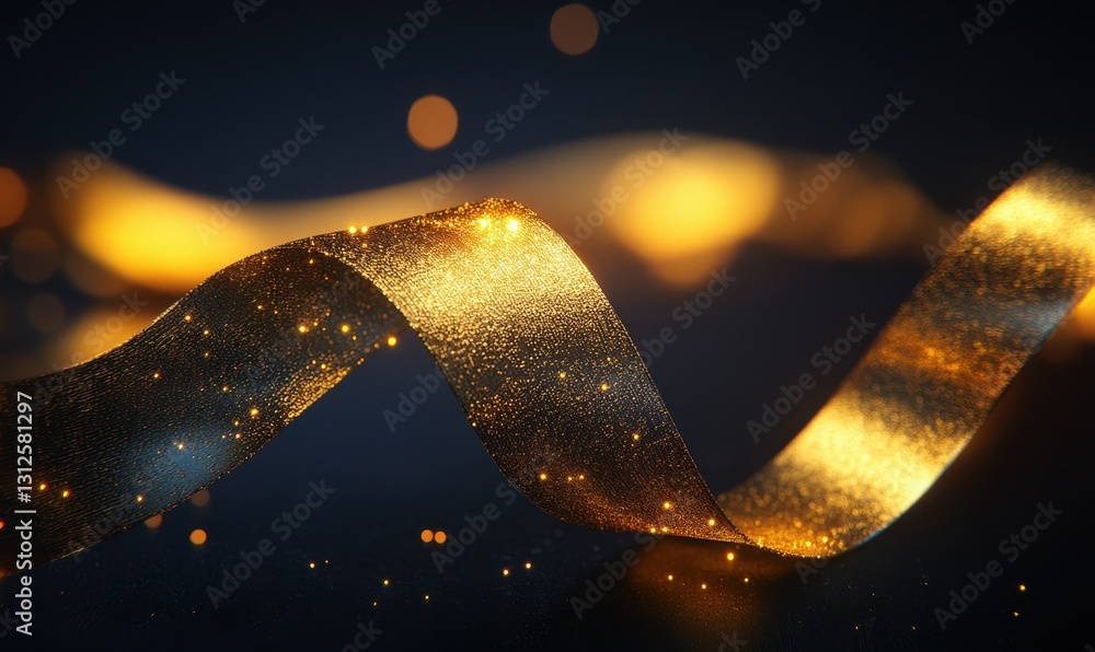 Poster macro shot of elegant golden ribbon curling gracefully against a sleek dark surface illuminated by s