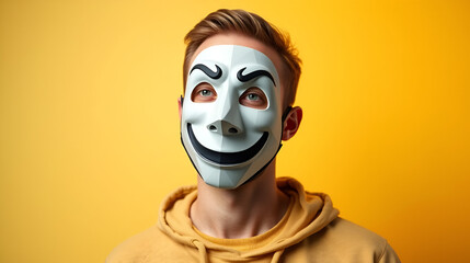 Man with funny low poly mask on colored background