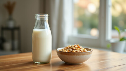 A glass jar of whole milk sitting next to a bowl of cereal on a wooden table.