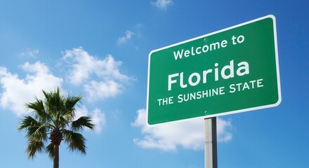 Fototapeta premium Welcome to Florida Sign with Palm Tree Against Bright Blue Sky