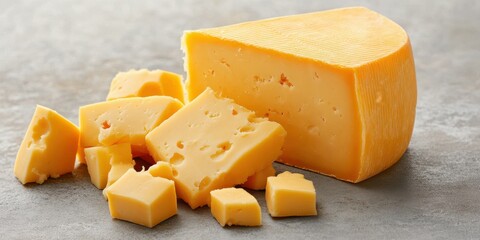 Delicious cheddar cheese with cubes on a rustic tabletop ready to enhance any dish