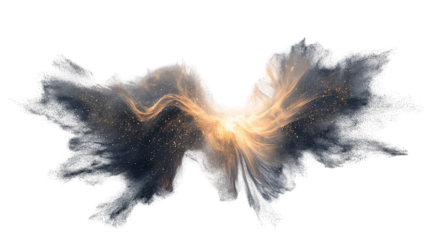 Angel wings forming from space dust and golden energy on transparent background