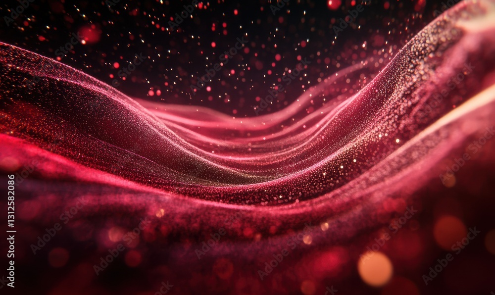 Poster shimmering red particles swirling in dynamic patterns against a black background, exuding energy and
