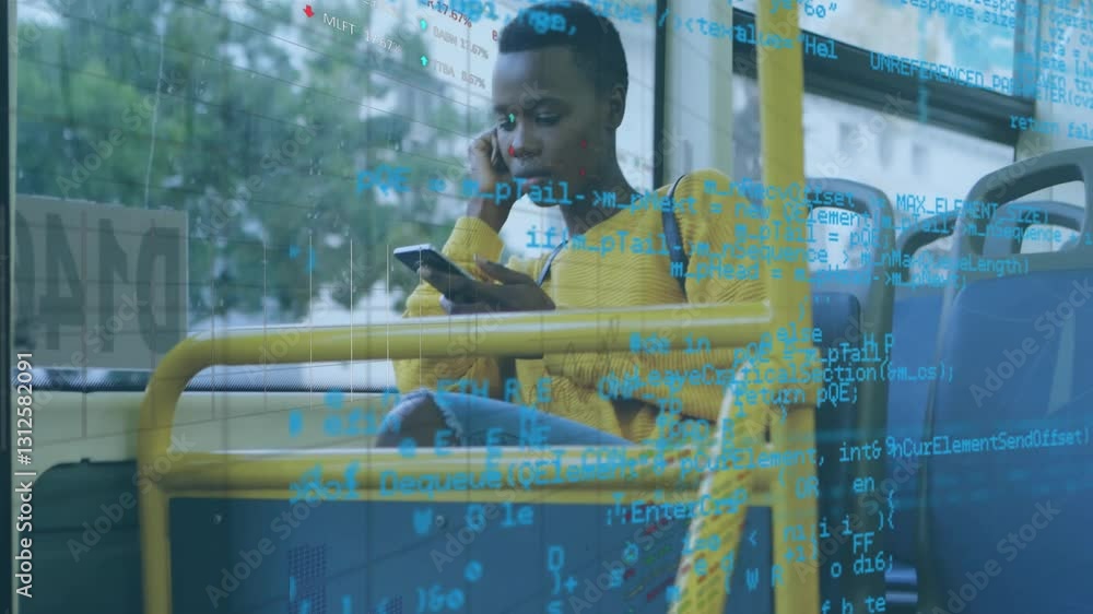 Poster using smartphone on bus, child in yellow sweater viewing animation data