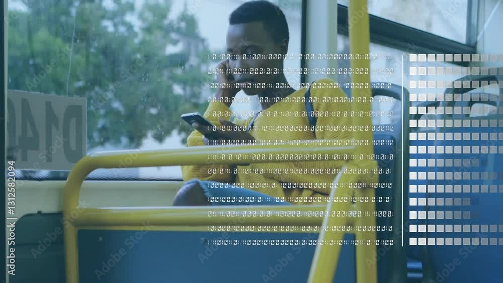 Poster using smartphone on bus, person in yellow jacket with digital animation overlay