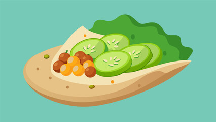 Wholegrain pita bread with hummus cucumber slices and roasted chickpeas for a satisfying and nutrientrich snack.. Vector illustration