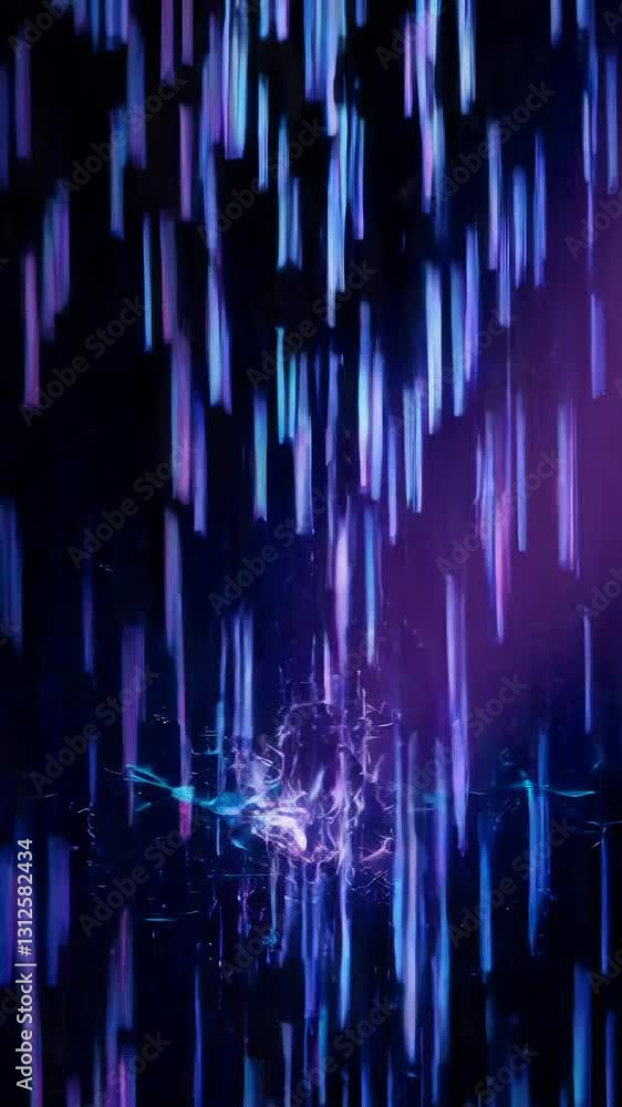 Poster vivid neon light particles cascade in dynamic vertical flow against dark background
