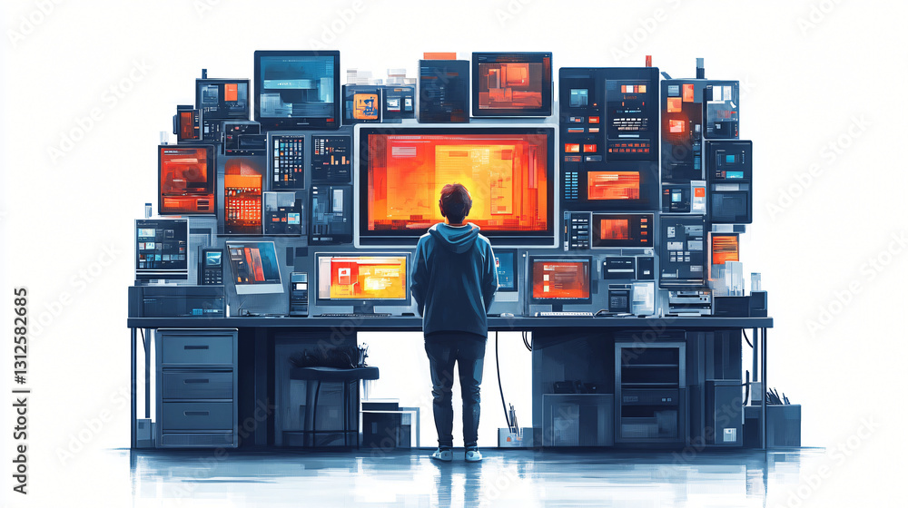 Poster businessman standing in front of computer displaying ai-driven procurement assistant for supply chai