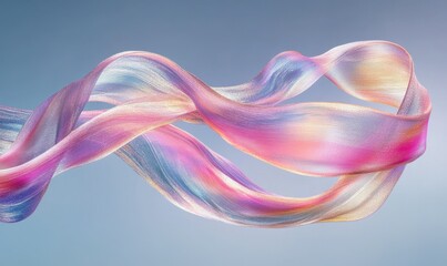 Soft flowing ribbons of iridescent pink and silver hues, captured in mid-motion against a gradient background