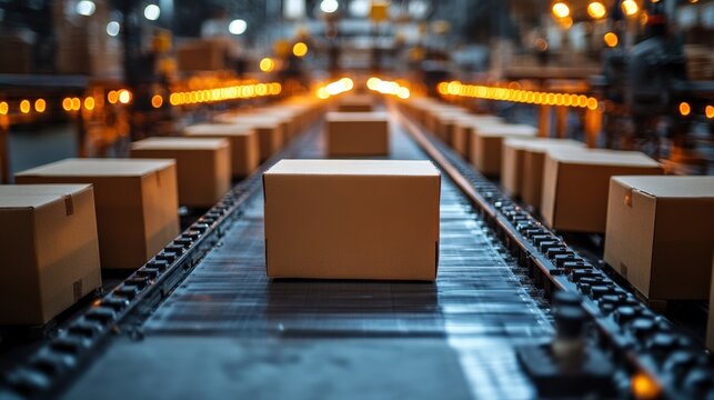 Packages moving on a conveyor belt in a busy warehouse, showcasing logistics operations