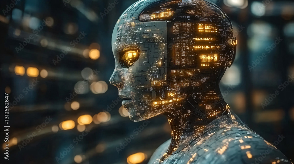 Aufkleber humanoid robot in a futuristic city environment representing ai-driven procurement solutions and adv