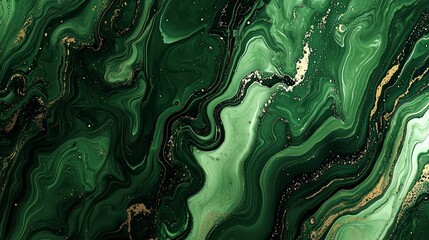 Emerald swirls with gold veins. Abstract fluid art in green, black, & gold