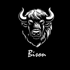 Bison head on black background. hand drawing. Not AI, Vector illustration.