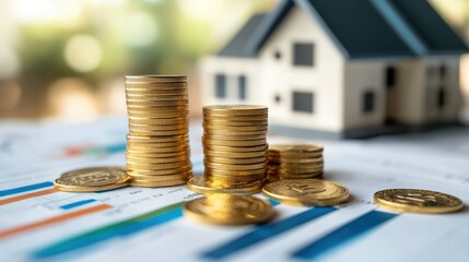 Stacked coins in front of a miniature house model on financial documents with charts