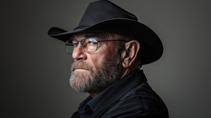 Portrait of a Mature Man in a Cowboy Hat and Glasses