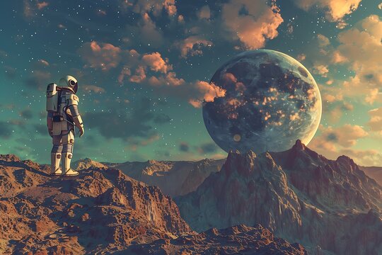 A space explorer on a distant planet, collecting samples and studying alien terrain with advanced scientific equipment