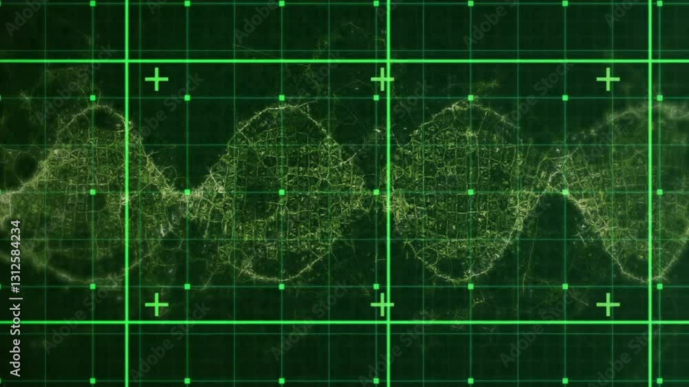 Poster animation of digital grid overlaying abstract dna strand pattern on green background