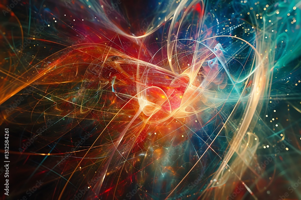 Poster a theoretical physicist exploring string theory with complex mathematical models and abstract visual
