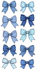 Eight Blue Bows with Stripes and Polka Dots on White Background