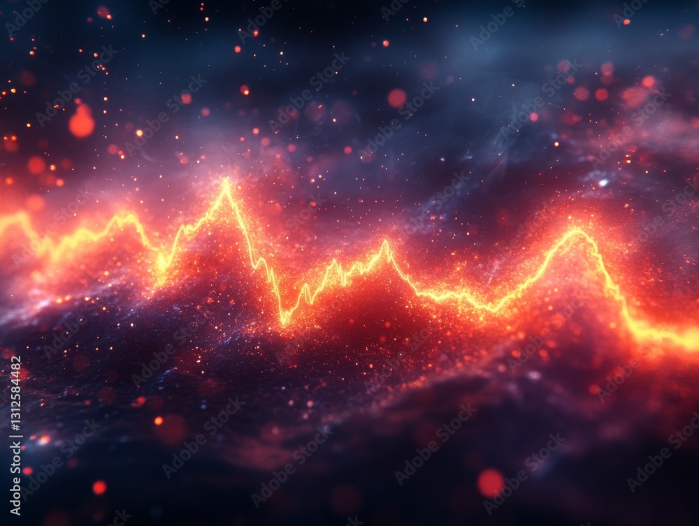 Poster fiery data: an abstract visualization of market volatility, featuring a glowing waveform against a b