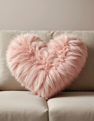 Pink Heart-Shaped Fluffy Pillow on a Beige Sofa